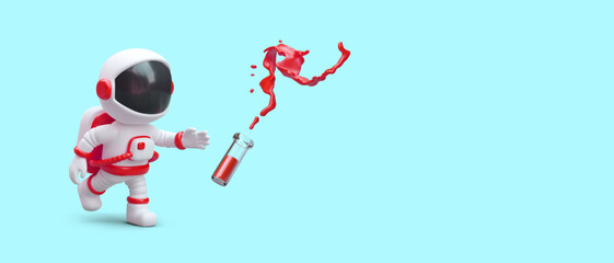 3d realistic astronaut running and catching flask of water in red color. Poster with cartoon character with blue background. Vector illustration in 3d style © ArtHub02