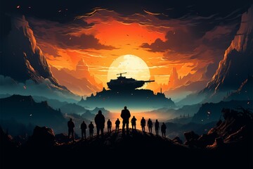 A tank and a soldier among silhouetted individuals in this scene - obrazy, fototapety, plakaty