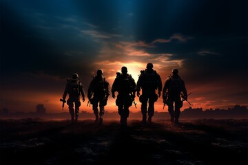 A unified military squad in silhouette displays unwavering determination