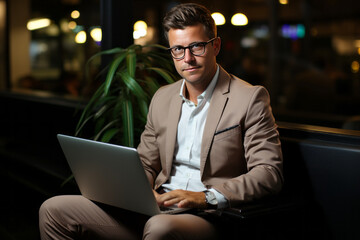 A young Caucasian man in a suit wearing glasses sits on a couch with laptop computer. Positive successful businessman, entrepreneur, small business owner works online. Remote work concept.