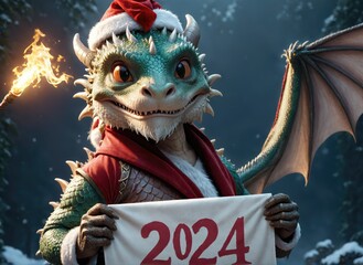 The new year 2024 illustration with a cute dragon in a Santa hat holding a banner with text 2024. Illustration for children. Christmas card. 