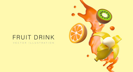 Colorful poster with splash of juice in orange colors with different fruits. Poster for company selling different beverages. Orange, kiwi and banana juice concept. Vector illustration