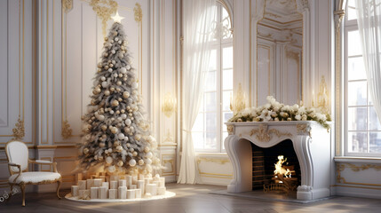 A charming Christmas white living room, complete with a glowing fireplace, a beautifully decorated tree, and a festive atmosphere