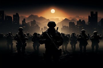 Armed troops, guns drawn, silhouetted against the urban backdrop - obrazy, fototapety, plakaty