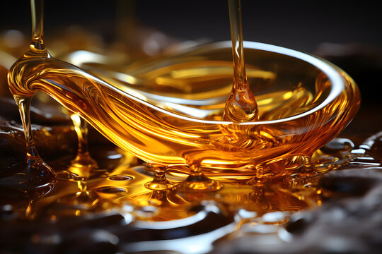 Premium olive oil production, golden liquid as it pours gracefully from an olive oil bottle.
