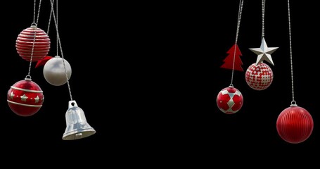 Animation of christmas baubles decorations on black background - Powered by Adobe