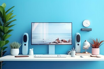 close up of modern desktop with white monitor, miscellaneous objects, and blue wall. Generative AI