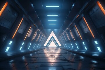 Futuristic glowing cement warehouse with triangle arc, LED lights, tunnel corridor, underground parking, concrete floor. 3D rendering. Generative AI