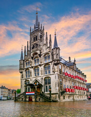 Gouda Town Hall on Market square at sunset, Netherlands
