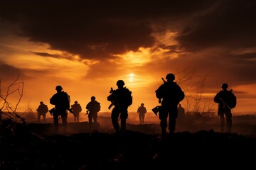 Fototapeta na wymiar Battlefields silhouette military personnel exemplify valor amid adversity