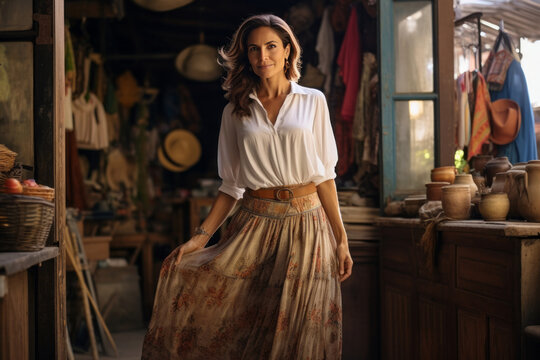 Beautiful middle-aged Hispanic woman in traditional national clothing at a local grocery store. Charming brunette is shopping in hardware store. Indigenous traditions of everyday life.