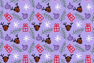 Funny and cute winter holidays. Christmas gift. New year doodle. Cartoon rain deer, snowflake, gift., fir branch. Seamless vector pattern for design and decoration.