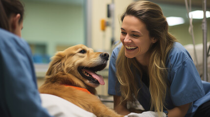 A dog with two veterinarians in a veterinary clinic