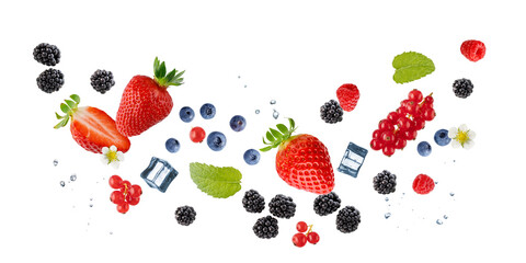 Fresh ripe strawberry, raspberry, currant, blueberry and blackberry berries, mint leaves and ice cubes flying falling isolated on white background.