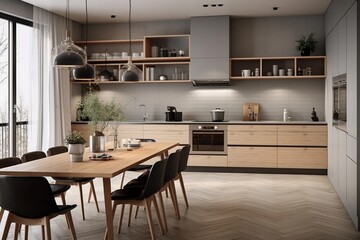 Modern scandinavian, minimalist interior design of kitchen with island