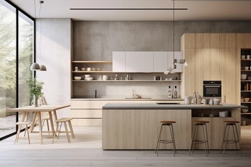 Modern scandinavian, minimalist interior design of kitchen with island