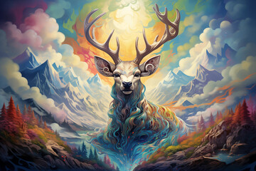 Psychedelic Reindeer with Kaleidoscopic Antlers Amid Swirling Skies and a Surreal, Vibrantly Colored Fairytale Landscape in DMT Art Style