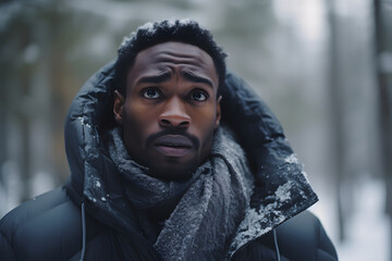 African American man lost in forest at winter evening. Neural network generated image. Not based on any actual person or scene.