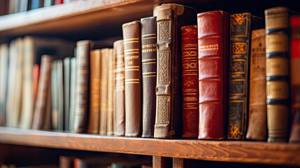 Close up of library books on shelf.