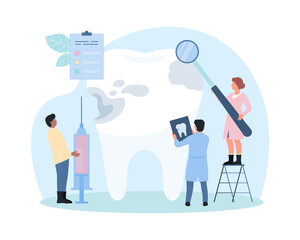 Caries treatment, stomatology vector illustration. Cartoon tiny dentists take care giant human tooth, people examine plaque on enamel of tooth with magnifying glass and xray, treat dental problems