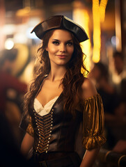 Woman Pirate on the deck of a ship during sunset, woman dressed-up as a pirate for a costume party,...