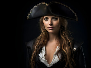 Woman dressed up as a pirate, beautiful woman in a pirate costume with a tricorn hat, halloween...