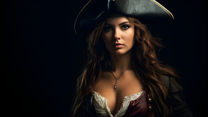 Woman dressed up as a pirate, beautiful woman in a pirate costume with a tricorn hat, halloween...