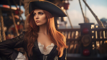 red head woman Pirate on the deck of a ship, woman dressed-up as a pirate for a costume party,...
