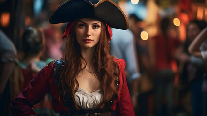 Woman in a pirate costume drinking a beer at a bar, historical costume, costume party, pirate costume, halloween costume, pirate party, pirate themed event, birthday, costume party