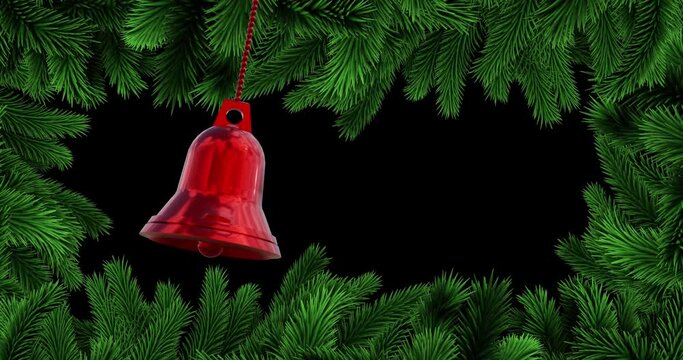 Animation of christmas red bell bauble decoration over fir tree branches background
