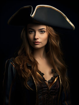 Woman dressed up as a pirate, beautiful woman in a pirate costume with a tricorn hat, halloween costume parzty, coat, historical costume, pirate captain	
