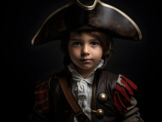 Young boy dressed as a pirate with a pirate hat, pirate captain costume, for a historical party,...