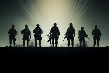 Disciplined army soldiers shadows in a minimalist side silhouette style