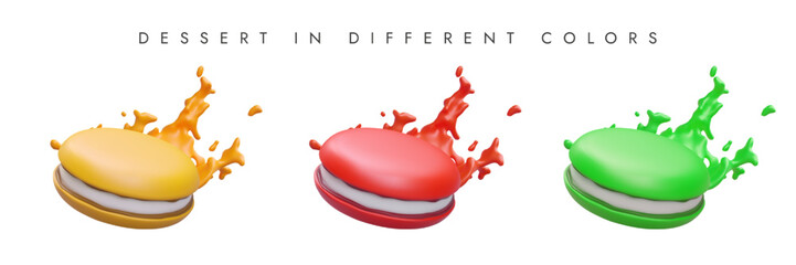 Realistic sandwich cookies with syrup, cream splashes. Set of vector illustrations of different colors. Sweet baked dessert with cream layer. Sweets shop icons