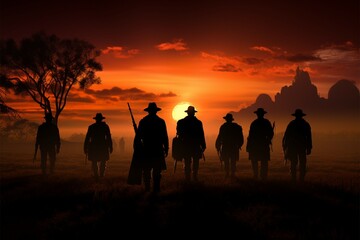 Fototapeta na wymiar Dusk warriors in field, their silhouette against the setting sun