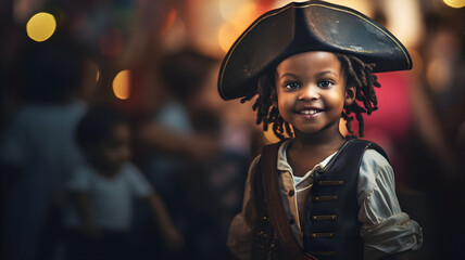 little black boy in a pirate costume for a birthday party, pirate kid, children in costume,...