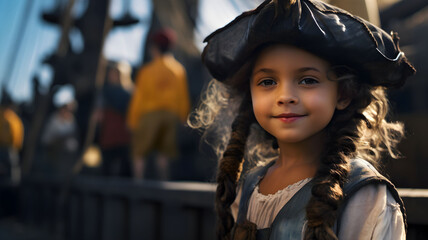 Pretty little girl in a pirate ship, on pirate costume for a birthday party, pirate kid, children...