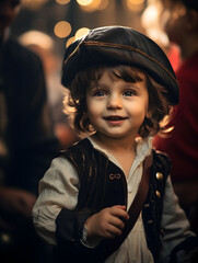 Pretty little boy in a pirate ship, on pirate costume for a birthday party, pirate kid, children in...