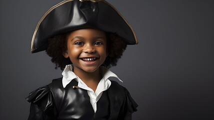 Obraz premium studio portrait of a young black boy dressed as a pirate with a pirate hat, pirate captain costume, for a historical party, disguised, on a grey background, happy child, smiling, pirate themed event