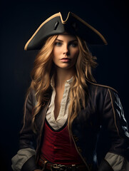 Woman dressed up as a pirate, beautiful woman in a pirate costume with a tricorn hat, on a black...