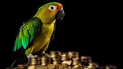 parrot on a pile of gold, golden coins, parakeet keeping a pirate treasure, pirate parrot, pirate...