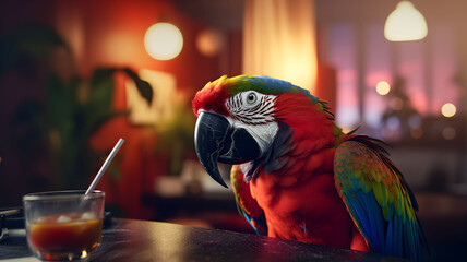 Parrot drinking a cocktail in a bar, tropical cocktail, tropical event, paradise island, tropical...