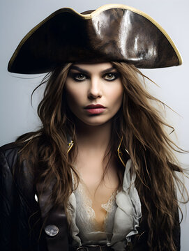Woman dressed up as a pirate, beautiful woman in a pirate costume with a tricorn hat, on a white background, halloween costume parzty, coat, historical costume, pirate captain	