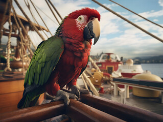 Parrot on the deck of a ship, ancient boat, historical, pirate bird for a pirate event, pirate...