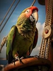 Parrot on the deck of a ship, ancient boat, historical, pirate bird for a pirate event, pirate...