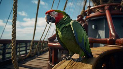 Parrot on the deck of a ship, ancient boat, historical, pirate bird for a pirate event, pirate party, tropical bird