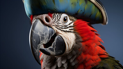 Fototapeta premium Parrot in a pirate costume, pirate themed event, pirate party, on a black background, tropical bird, paradise bird, pirate hat, isolated