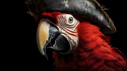 Parrot in a pirate costume, pirate themed event, pirate party, on a black background, tropical bird, paradise bird,  pirate hat, isolated - obrazy, fototapety, plakaty