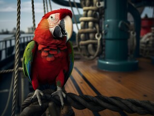 Parrot on the deck of a ship, pirate bird for a pirate event, pirate party, tropical bird