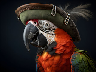 Parrot in a pirate costume, pirate themed event, pirate party, on a black background, tropical...